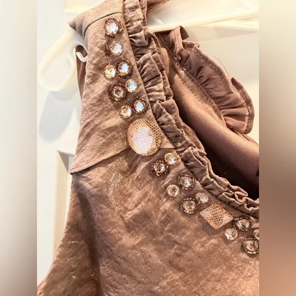 NWT SL Fashions 16W Bronze Tiered Dress Embellished Neck Cocktail Wedding Guest - Picture 2 of 13